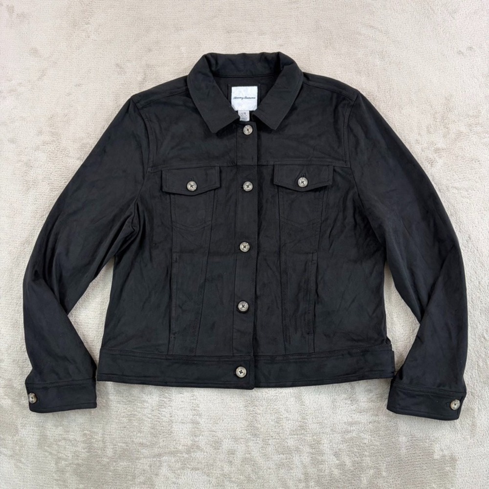 Tommy Bahama Salina Sands Faux Suede Trucker Jacket Black Women Large NWOT $145